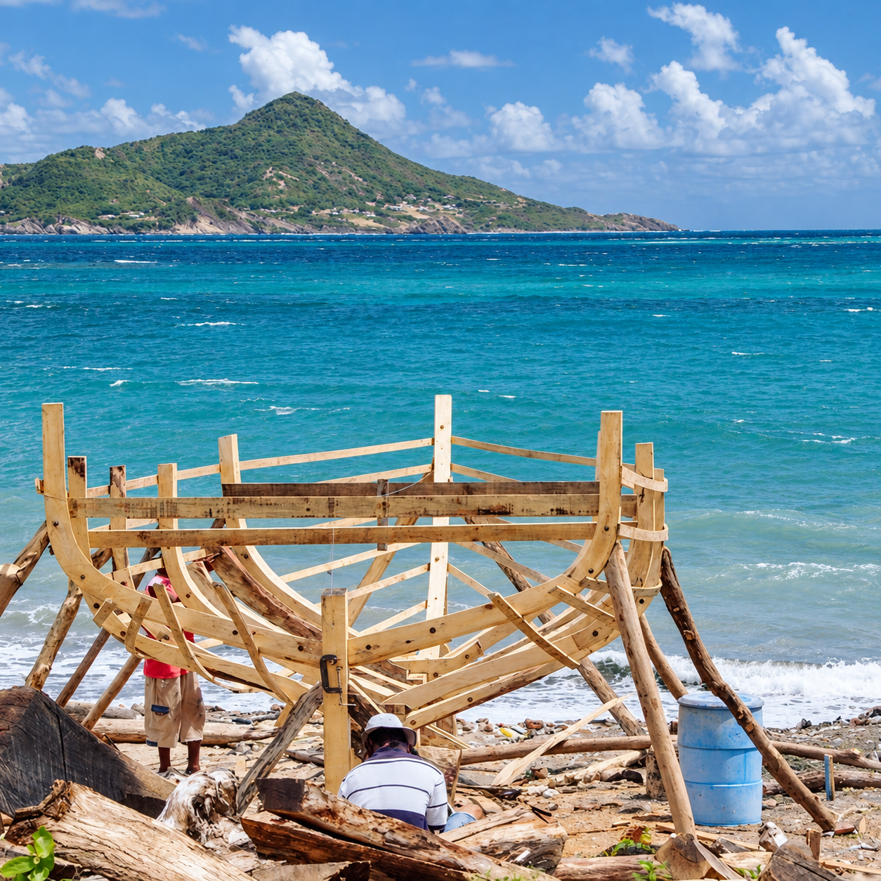 A hand-built wooden boat under construction beside the sea