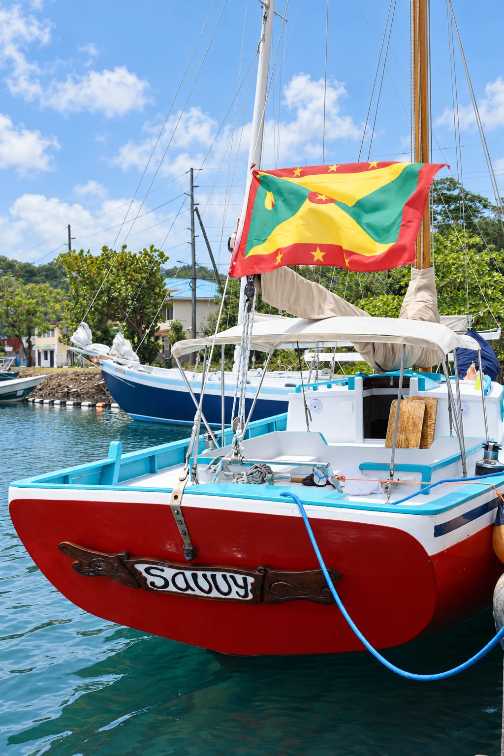 Savvy moored in Grenada with the Grenada flag flying above her stern